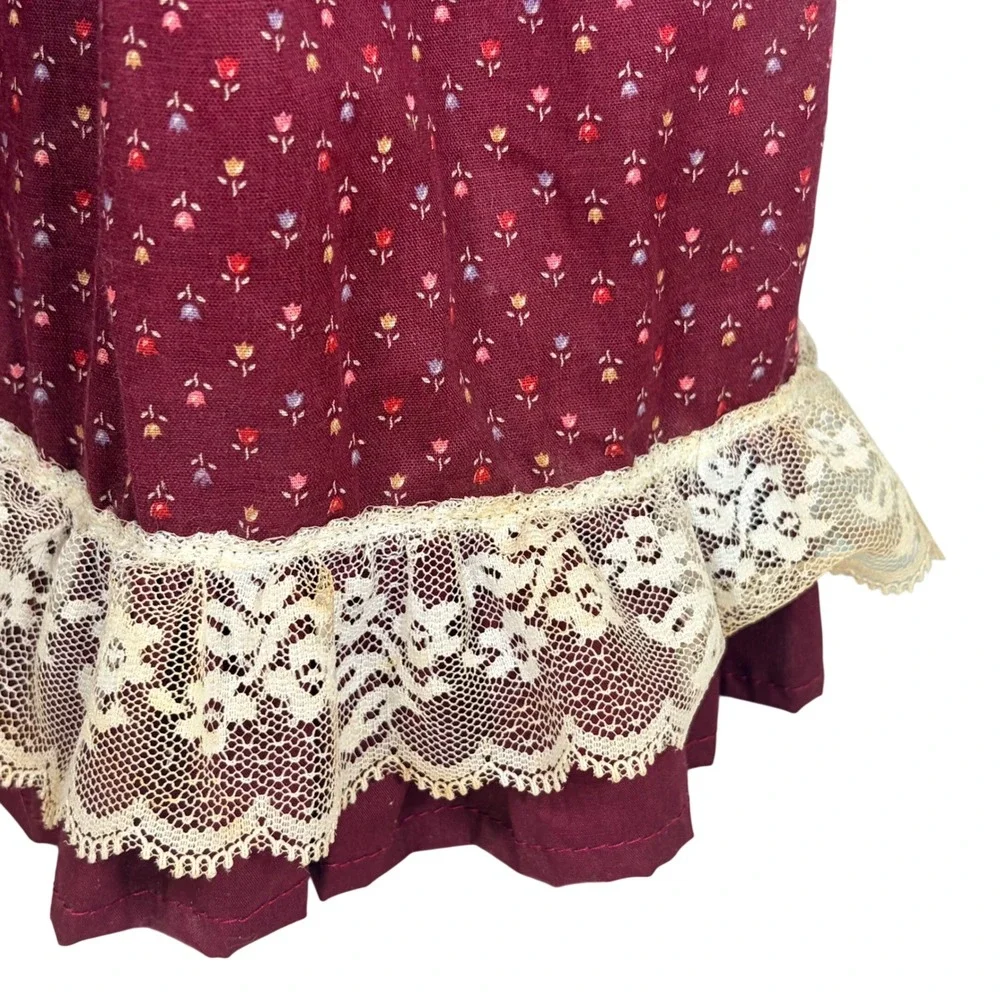 VTG 70s Grandmother Cloth Doll Burgundy Calico Bag Holder Handmade Hanging Decor